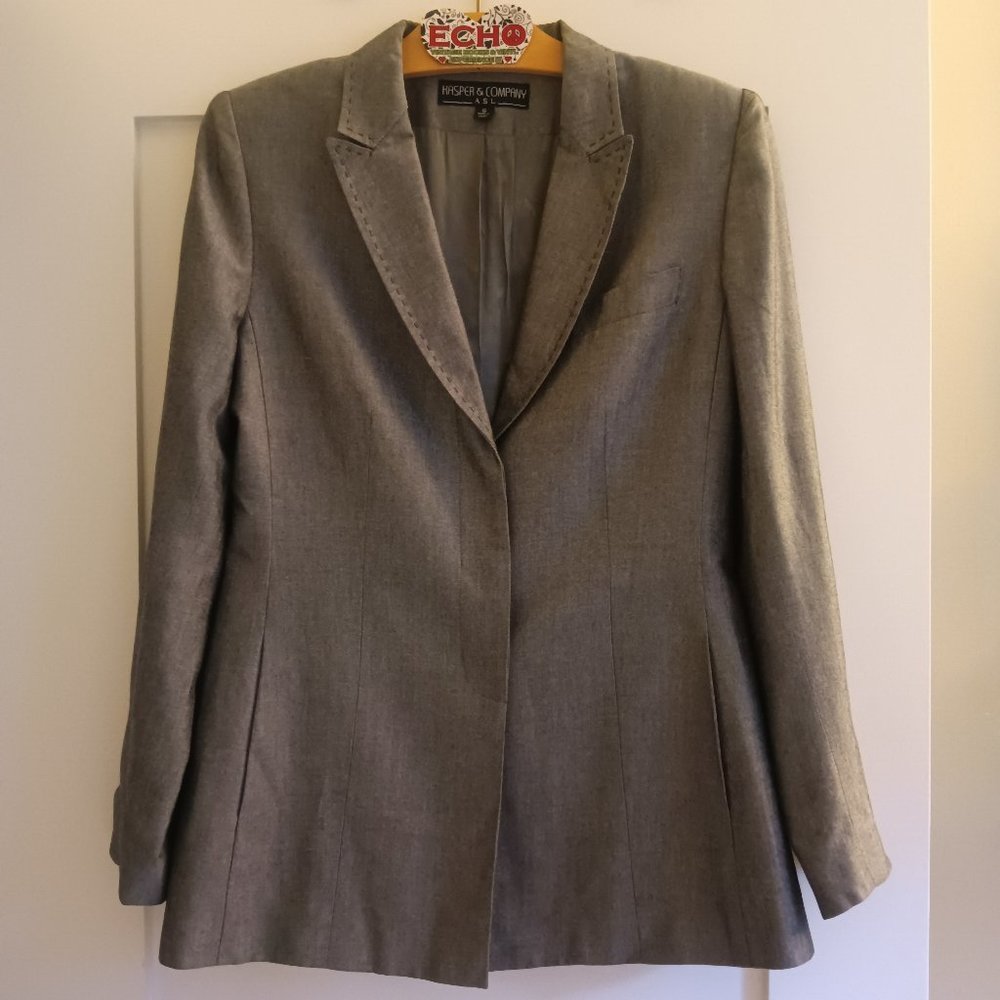 Kasper Gray Sharkskin Blazer Pick Stitched Lapel